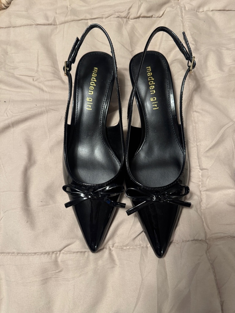 Madden Girl Black Patent Pointed Slingback Heels with Bow